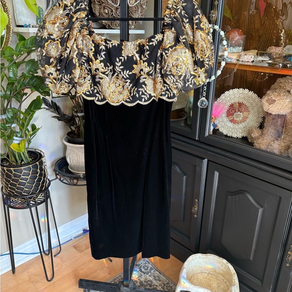 Nipon Boutique Black Dress with Gold Sequin Detail.  Vintage Dress